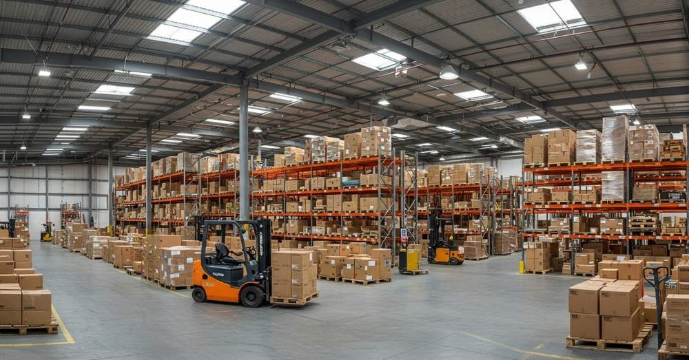 A panoramic view of a large, well-lit warehouse filled with rows of tall metal shelving.