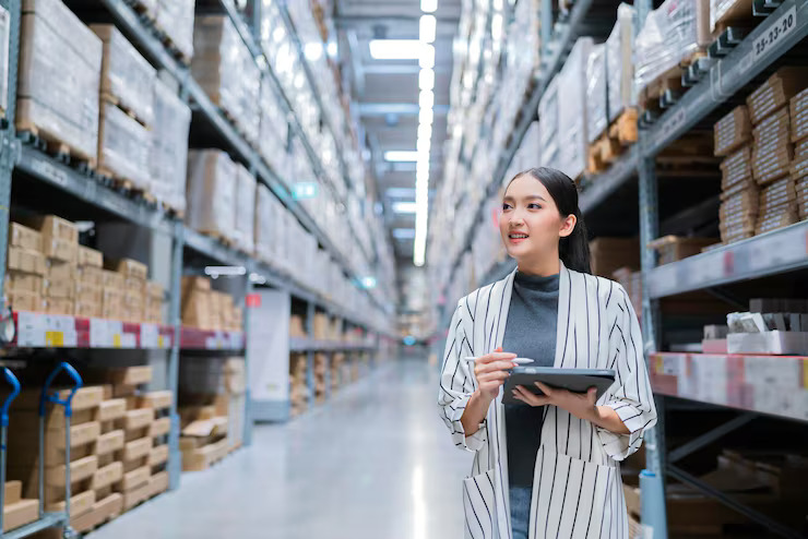Woman using tablet checking inventory