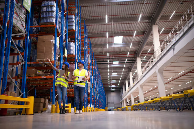 Two workers walking through the warehouse