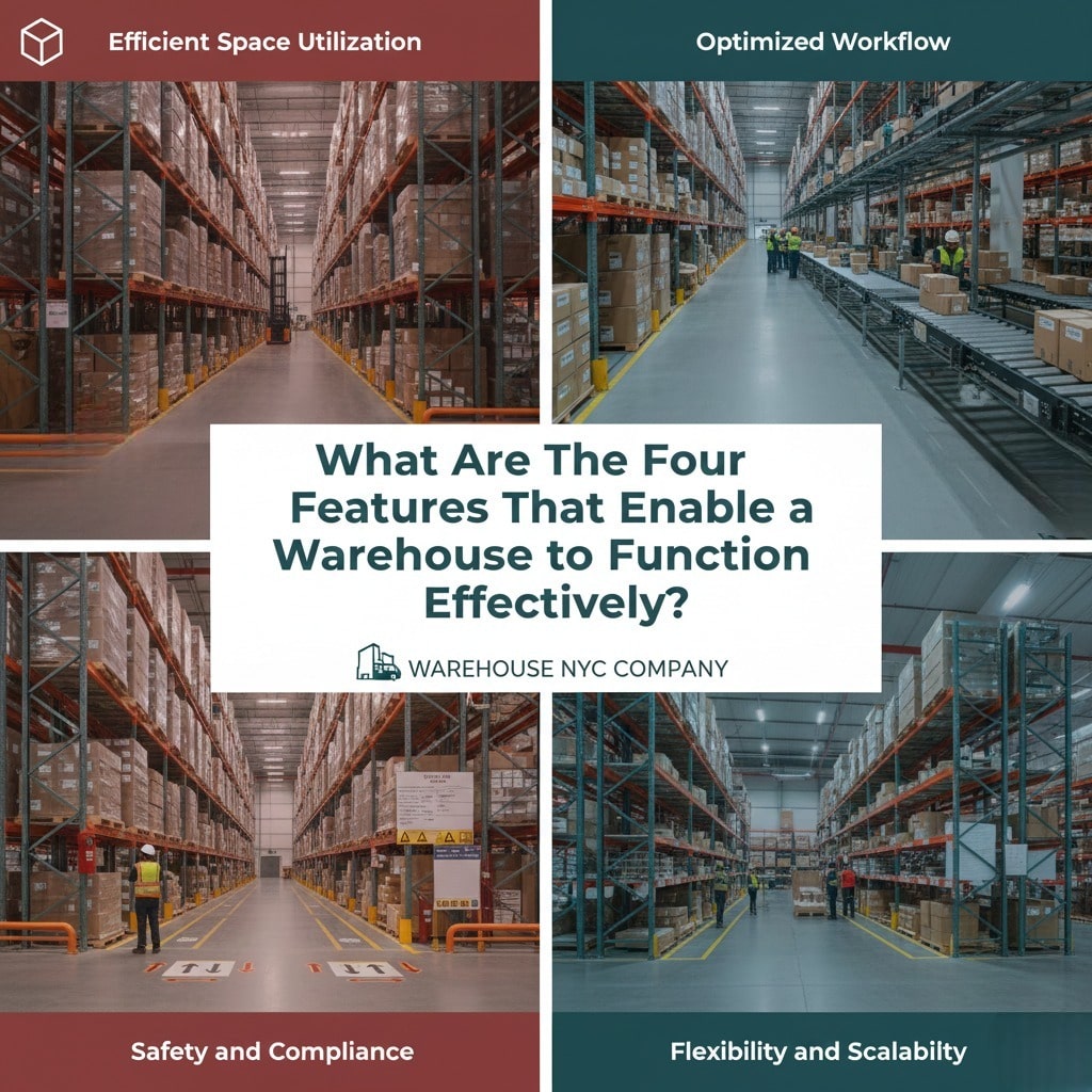 A four-panel infographic for Warehouse NYC titled "What Are The Four Features That Enable a Warehouse to Function Effectively?" illustrating: 1) Efficient Space Utilization with tall racking, 2) Optimized Workflow with conveyor belts, 3) Safety and Compliance with clear floor markings, and 4) Flexibility and Scalability with organized aisle storage.