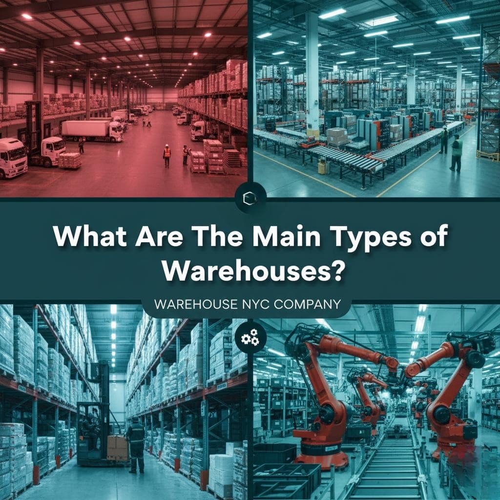 A four-panel collage titled "What Are The Main Types of Warehouses?" by Warehouse NYC Company, showcasing different facility environments including a loading bay with trucks, a conveyor belt system, high-density pallet racking with a forklift, and an automated robotic arm assembly line.