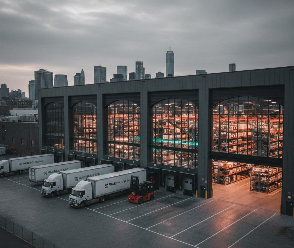 An aerial view of a modern industrial warehouse in New York City featuring large arched windows, loading docks with "Warehouse NYC" branded trucks, and the Manhattan skyline with the One World Trade Center in the background under a cloudy sky.