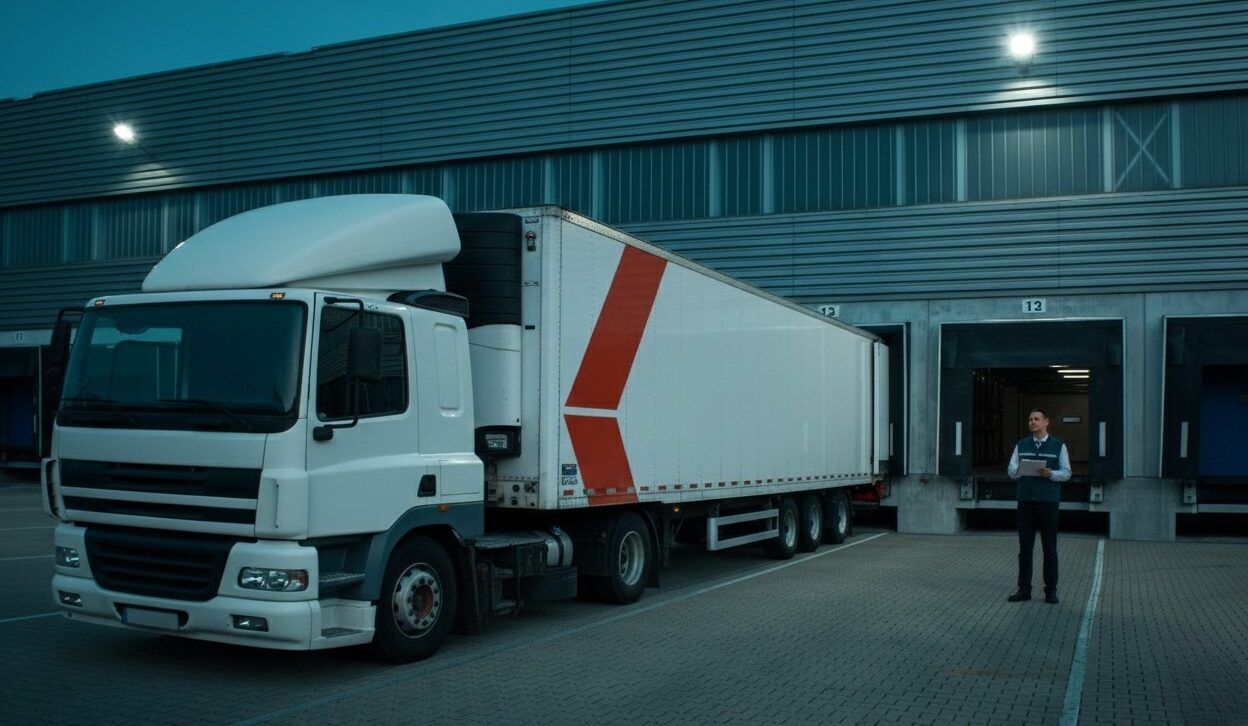 White semi-truck with a box trailer backed into a warehouse loading dock, with a worker standing nearby holding a clipboard.