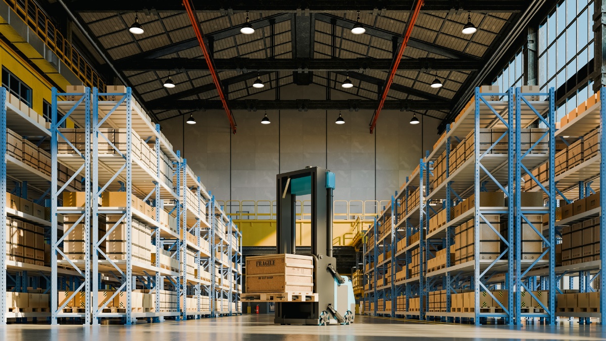 automated forklift carrying a wooden crat