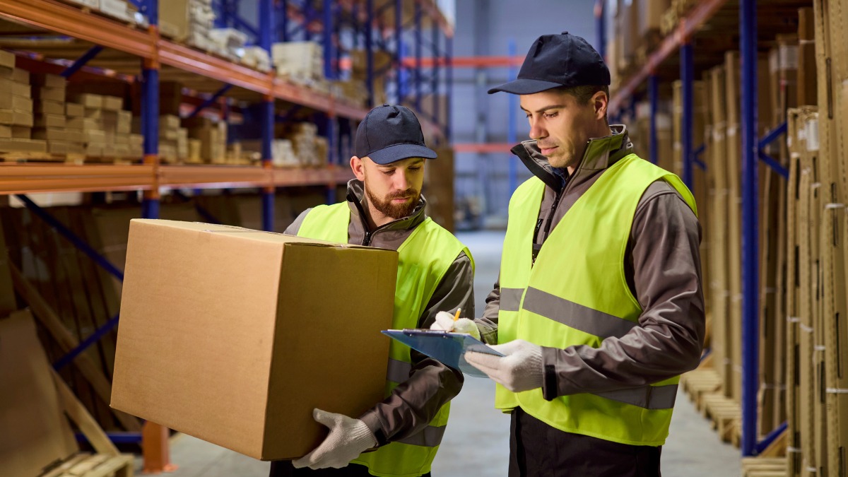 Two warehouse workers in safety vests