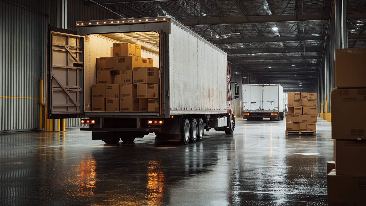 Open delivery truck loaded with cardboard boxes