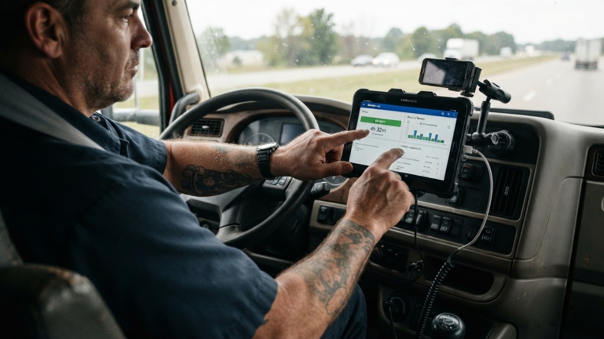 truck driver's hands interacting with an ELD tablet