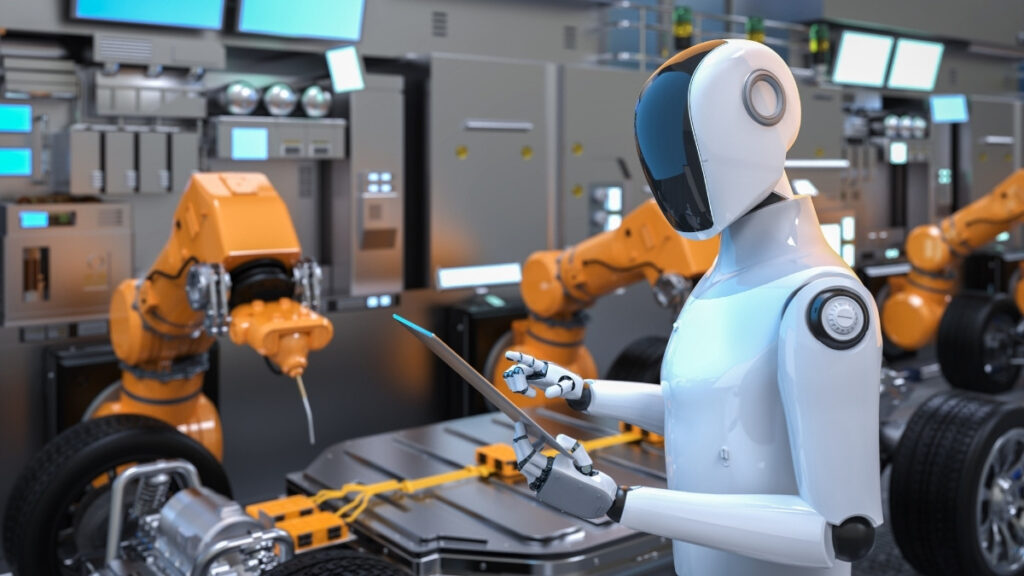 smart factory featuring a white humanoid robot